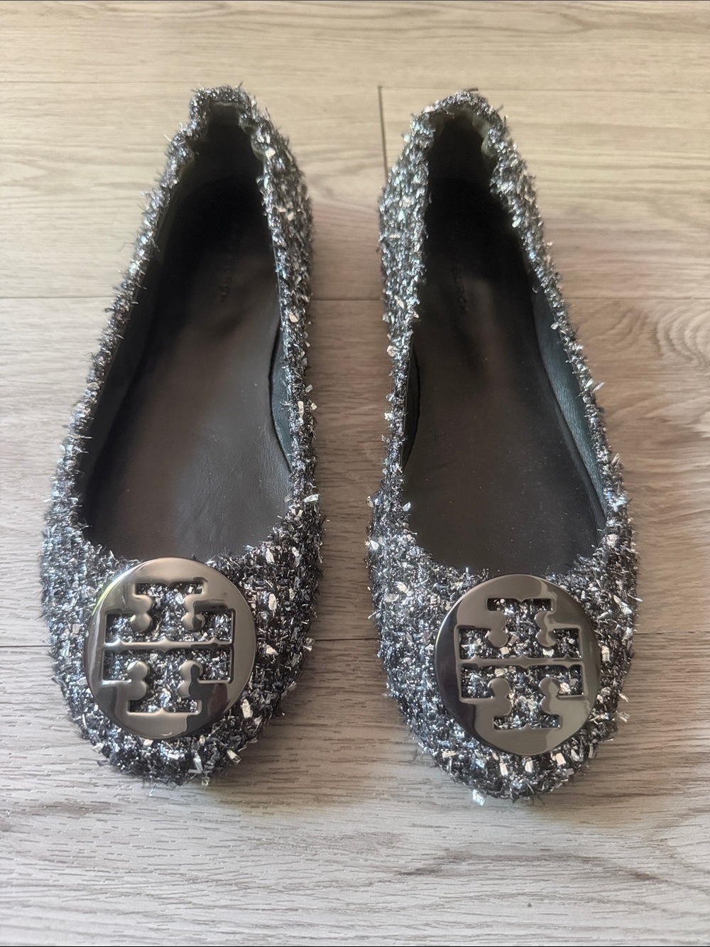 Tory Burch Tweed Ballet Flats with Silver Logo - Black & Silver